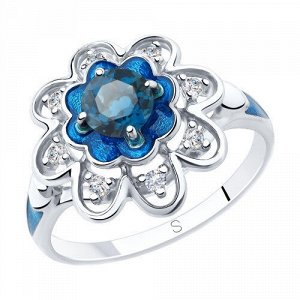 Кольцо из серебра с эмалью и синим топазом и фианитами арт 201