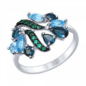 Кольцо из серебра с голубыми и синими топазами и зелеными фианитами арт 186