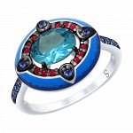 Кольцо из серебра с эмалью с синим ситаллом и красными и синими фианитами арт 093