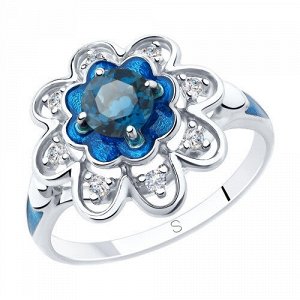 Кольцо из серебра с эмалью и синим топазом и фианитами арт 202