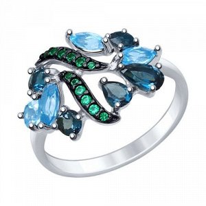 Кольцо из серебра с голубыми и синими топазами и зелеными фианитами арт 185