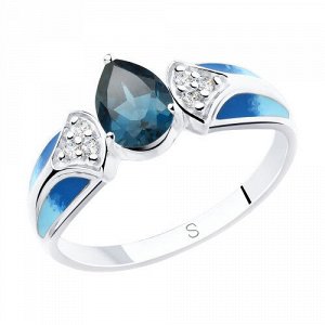 Кольцо из серебра с эмалью и синим топазом и фианитами арт 224