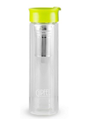 8343 GIPFEL Бутылка для воды MARTINO 350мл с фильтром. Материал: боросиликатное стекло, нерж. сталь, пластик. Цвет крышки: зеленый