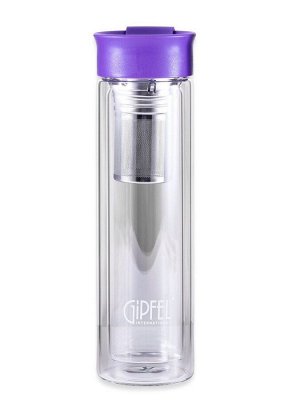 8345 GIPFEL Бутылка для воды MARTINO 350мл с фильтром. Материал: боросиликатное стекло, нерж. сталь, пластик. Цвет крышки: фиолетовый