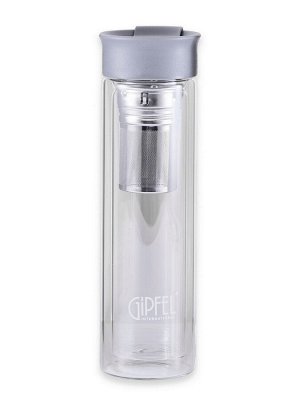 8346 GIPFEL Бутылка для воды MARTINO 350мл с фильтром. Материал: боросиликатное стекло, нерж. сталь, пластик. Цвет крышки: серый