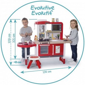 Растущая детская кухня Tefal Evolutive, пузырьки, вода, СВЧ и табурет, 43 аксессуара