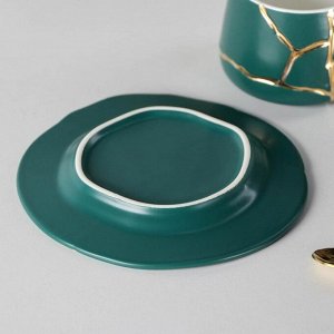 Чайная пара керамическая «Кракле с золотом», чашка 250 мл, блюдце, ложка, цвет зелёный