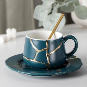 Чайная пара керамическая «Кракле с золотом», чашка 250 мл, блюдце, ложка, цвет синий