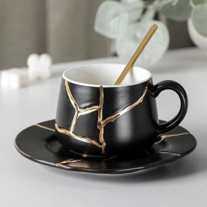 Чайная пара «Кракле с золотом», чашка 250 мл, блюдце, ложка, цвет черный
