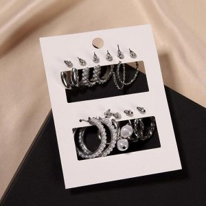 Серьги-кольца набор 6 пар &quot;Жемчужные&quot; с подвесками, цвет белый в серебре