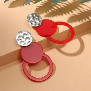 Серьги "Модерн" мятый металл, диск и кольцо, цвет красный в серебре
