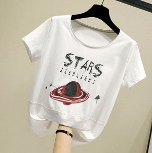 Женская футболка,надпись "Stars Star light",принт "Планета",цвет белый