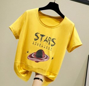 Женская футболка,надпись "Stars Star light",принт "Планета",цвет желтый