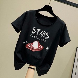 Женская футболка,надпись "Stars Star light",принт "Планета",цвет черный