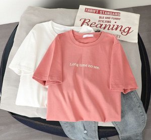 Женская футболка,надпись "Long time no see",цвет розовый