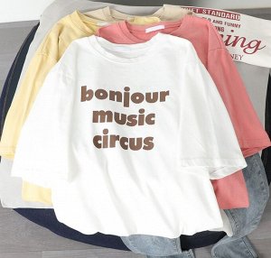 Женская футболка,надпись "Bonjour music circus",цвет белый