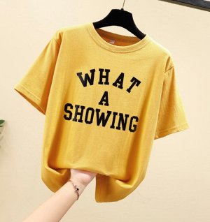 Женская футболка,надпись "What a showing",цвет желтый