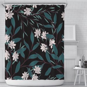 Штора для ванной комнаты,принт "Листья  и цветы",цвет черный