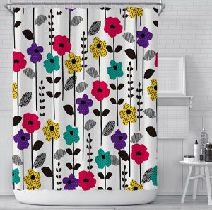 Штора для ванной комнаты,принт "Цветы с геометрическими узорами",цвет белый