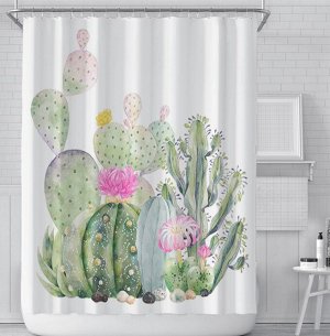 Штора для ванной комнаты,принт "Цветущие кактусы",цвет белый