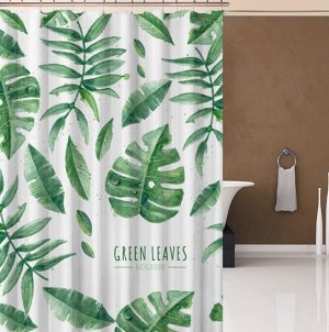 Штора для ванной комнаты,принт "Тропические листья",надпись "Green Leaves"