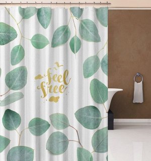 Штора для ванной комнаты,принт "Зеленые листья",надпись "Feel free"