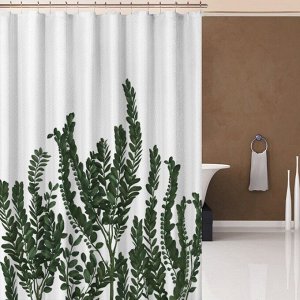 Штора для ванной комнаты,принт "Зеленые растения",цвет белый