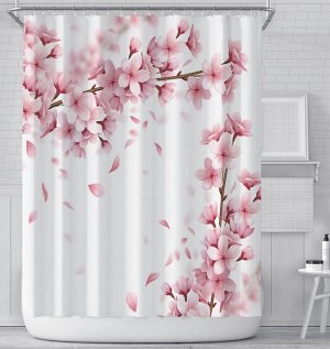 Штора для ванной комнаты,принт "Сакура",цвет белый