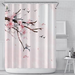 Штора для ванной комнаты,принт "Сакура и птицы",цвет белый