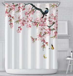 Штора для ванной комнаты,принт "Птица на ветке сакуры",цвет белый