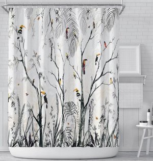 Штора для ванной комнаты,принт "Тропические птицы на деревьях",цвет белый