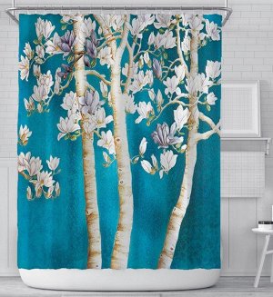 Штора для ванной комнаты,принт "Цветы на деревьях",цвет синий