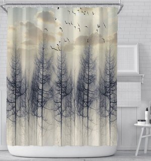 Штора для ванной комнаты,принт "Лес,птицы и облака"