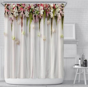 Штора для ванной комнаты,принт "3-d цветы",цвет белый