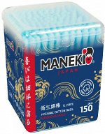 Палочки ватные гигиен. &quot;Maneki&quot; OCEAN, с голуб. бумаж. стиком, в пласт. кор., термопленка, 150 шт./упак