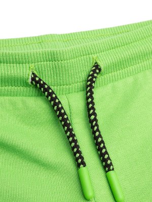 Брюки Трикотажные зеленые брюки для мальчика. На поясе эластичная резинка и шнурки-завязки. Модель имеет два врезных кармана спереди. Декоративный элемент в виде черного гребешка и надпись "Slimosaur"