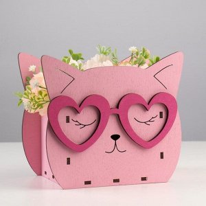 Кашпо деревянное для цветов и подарков "Кошечка"с аппликацией, розовое, 18,8х12,8х16,7 см