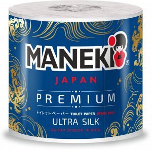 Бумага туалетная "Maneki" OCEAN 3 слоя, 280 л., 39.2 м, гладк., бел. с аром. океан.бриза, 10 рулонов/упаковка