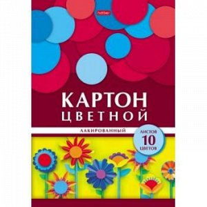 Набор цветного картона лакированного А4 10л 10цв "Геометрия цвета- Цветы" в папке (068651) 25054 Хатбер {Россия}