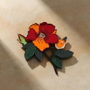 Брошь акрил "Шиповник" цветок, цвет оранжево-зелёный