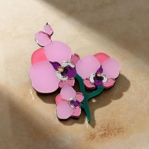 Брошь акрил "Орхидея" цветок, цвет розово-зелёный
