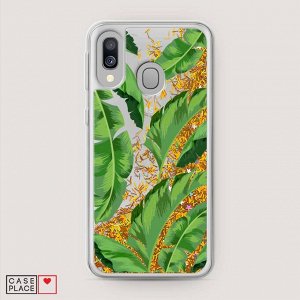 Жидкий чехол с блестками Зеленые листья пальмы на Samsung Galaxy A40