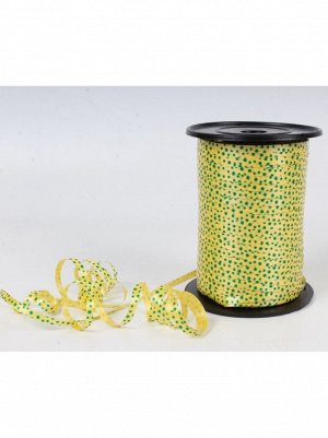 Лента простая 0,5 см х 500 м цвет зеленый горошек на желтом Р0565