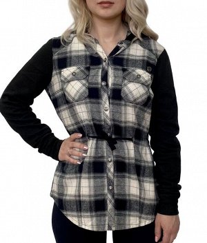 Женская рубашка в клетку Genuine MotorClothes – хитовый фасон с капюшоном, тесьмой на талии и кармашками на груди №1000