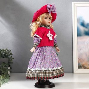 Кукла коллекционная керамика "Блондинка с кудрями, розовая свитер, юбка сирень" 40 см
