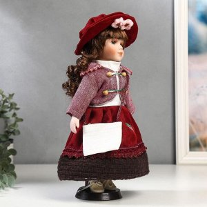 Кукла коллекционная керамика "Брюнетка с кудрями, в розовом пиджаке и бордовой юбке" 30 см