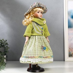 Кукла коллекционная керамика "Блондинка с кудрями, в зелёном свитере с тесьмой" 40 см