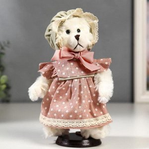 Кукла интерьерная "Мишка в чепчике и в розовом платье в горошек" 25 см