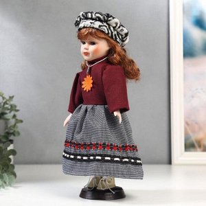Кукла коллекционная керамика "Рыжая в бордовой кофте и юбке в клетку" 30 см