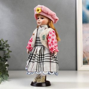 Кукла коллекционная керамика "Рыжая в бежевой жилетке и розовом берете" 30 см